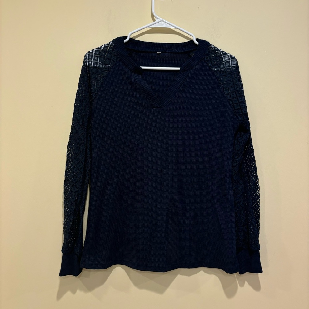 Navy Waffle Knit Long Sleeve Top with Lace Sleeves - Size S